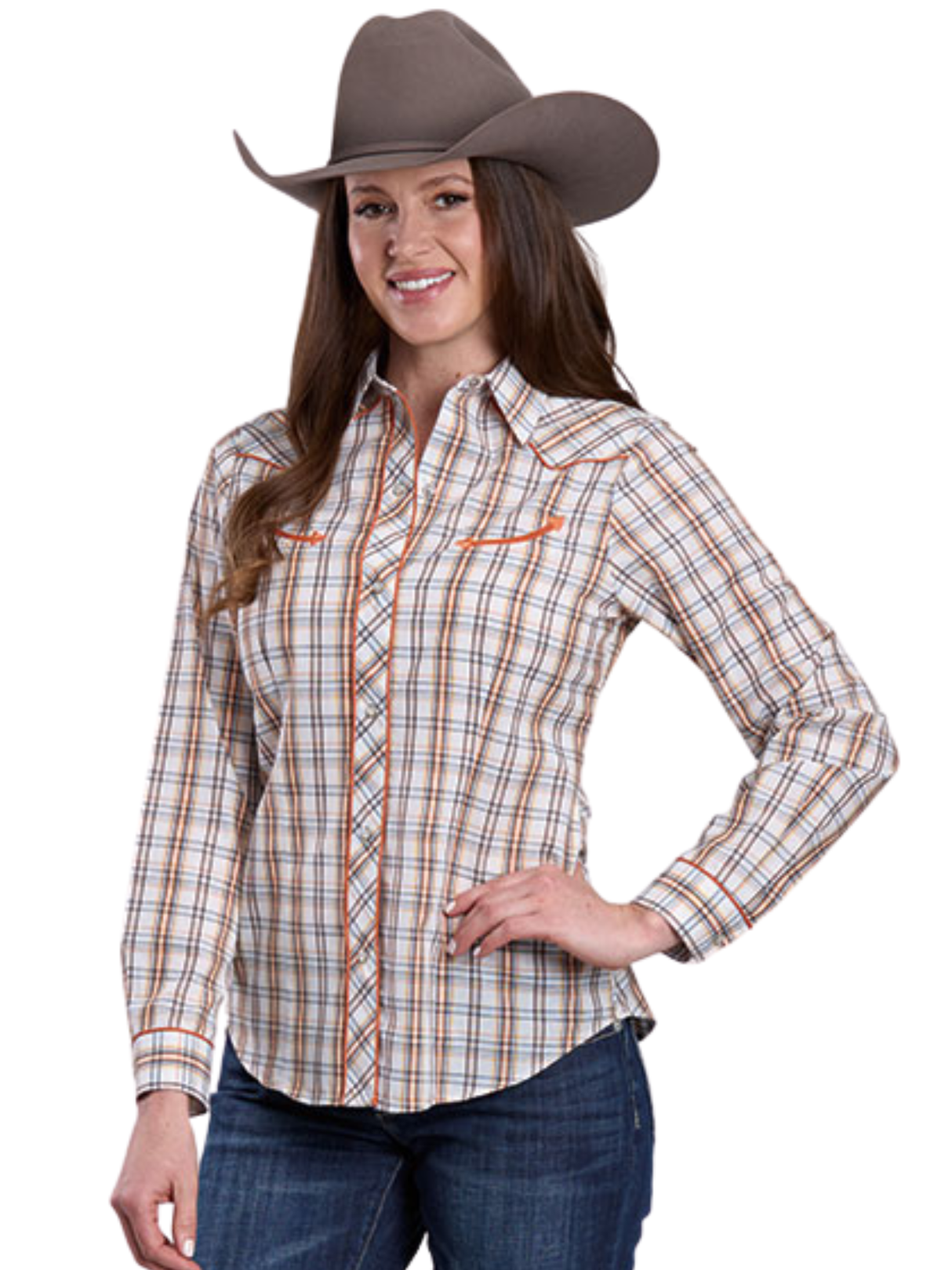 Cream/Orange Plaid Western Shirt - Women's