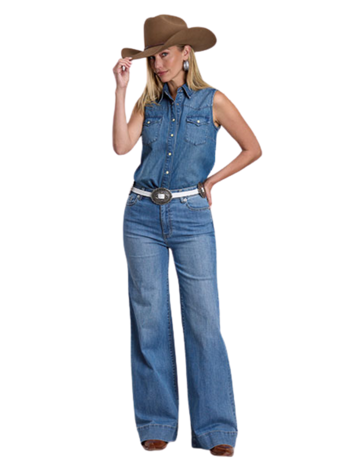 Embroidered Denim Sleeveless Shirt - Women