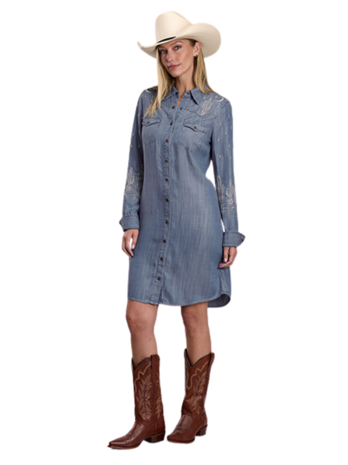 Robe de denim à boutons brodée - Femme