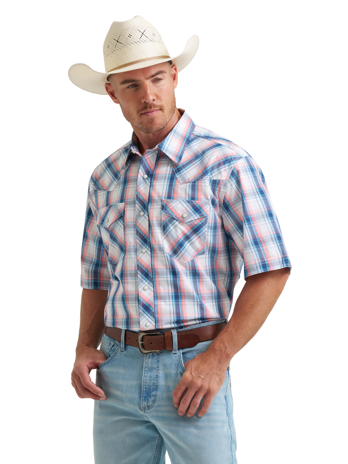 Chemise Western carreauté Blue à manches courtes - Homme