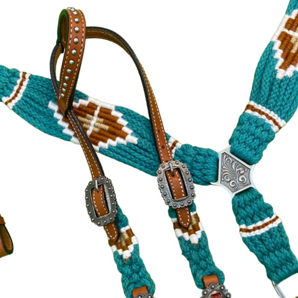 Turquoise and Brown Mohair Bridle and Breastplate Set - Pony