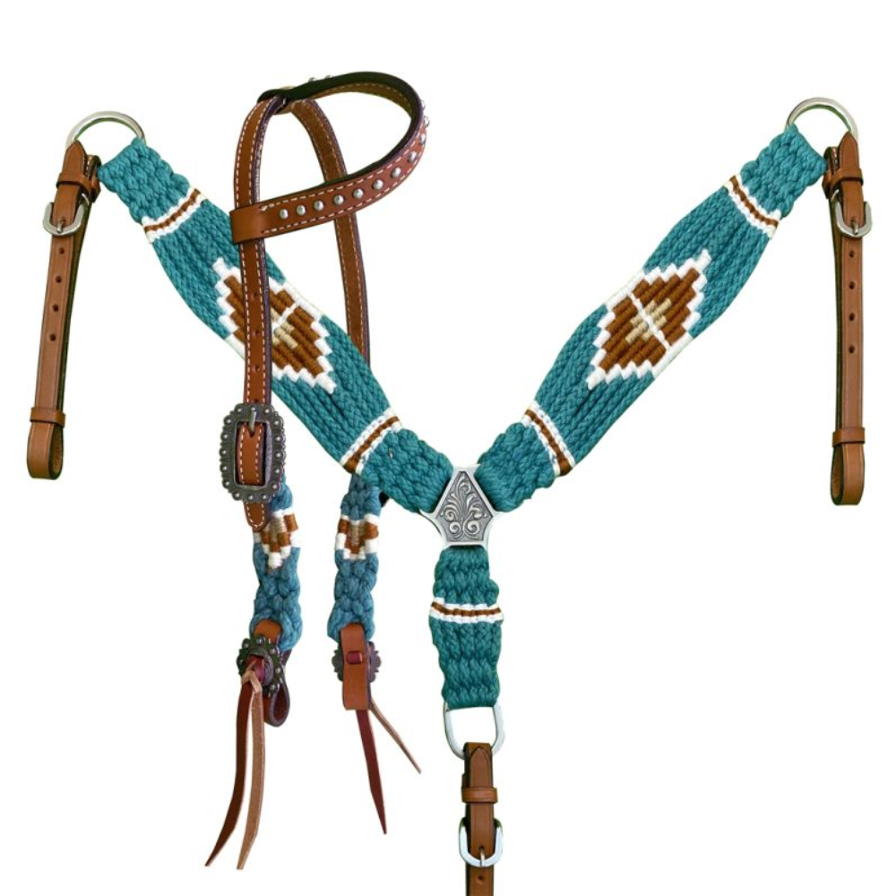 Turquoise and Brown Mohair Bridle and Breastplate Set - Pony
