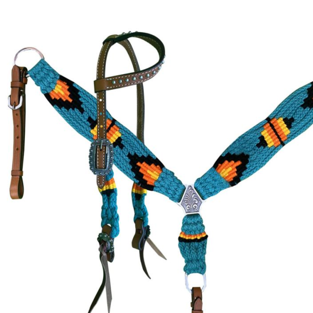 Turquoise Mohair Bridle and Breastplate Set - Pony