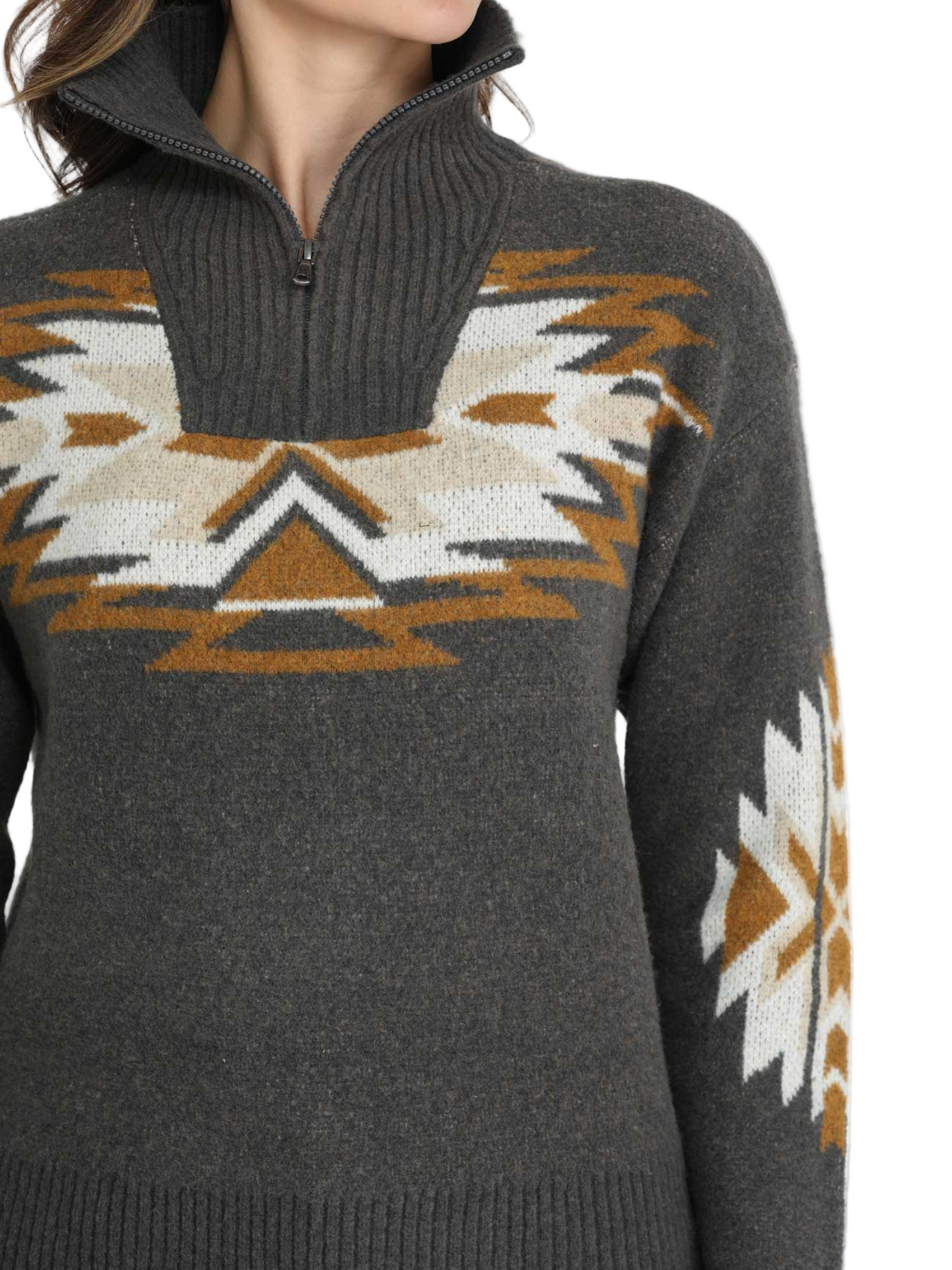 Pull “Aztec” à Col Montant à Demi‑zip charcoal Aztec - Femme