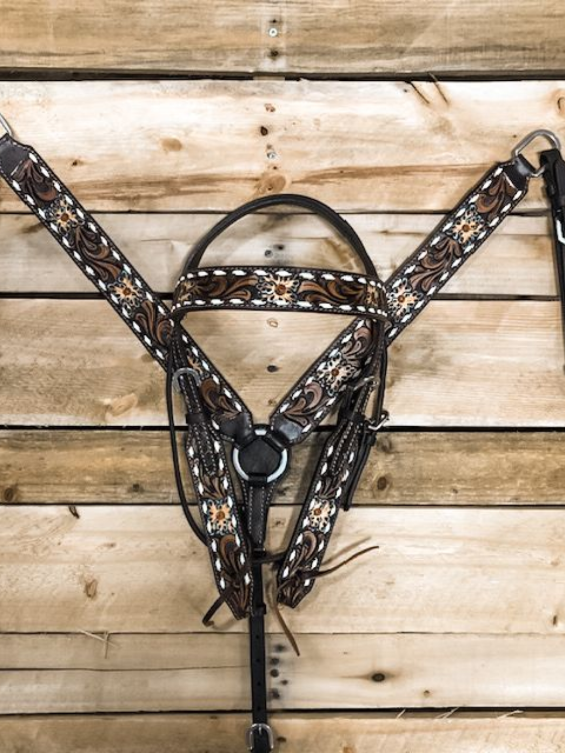 Floral White Buckstitch Front Bridle and Twill Set