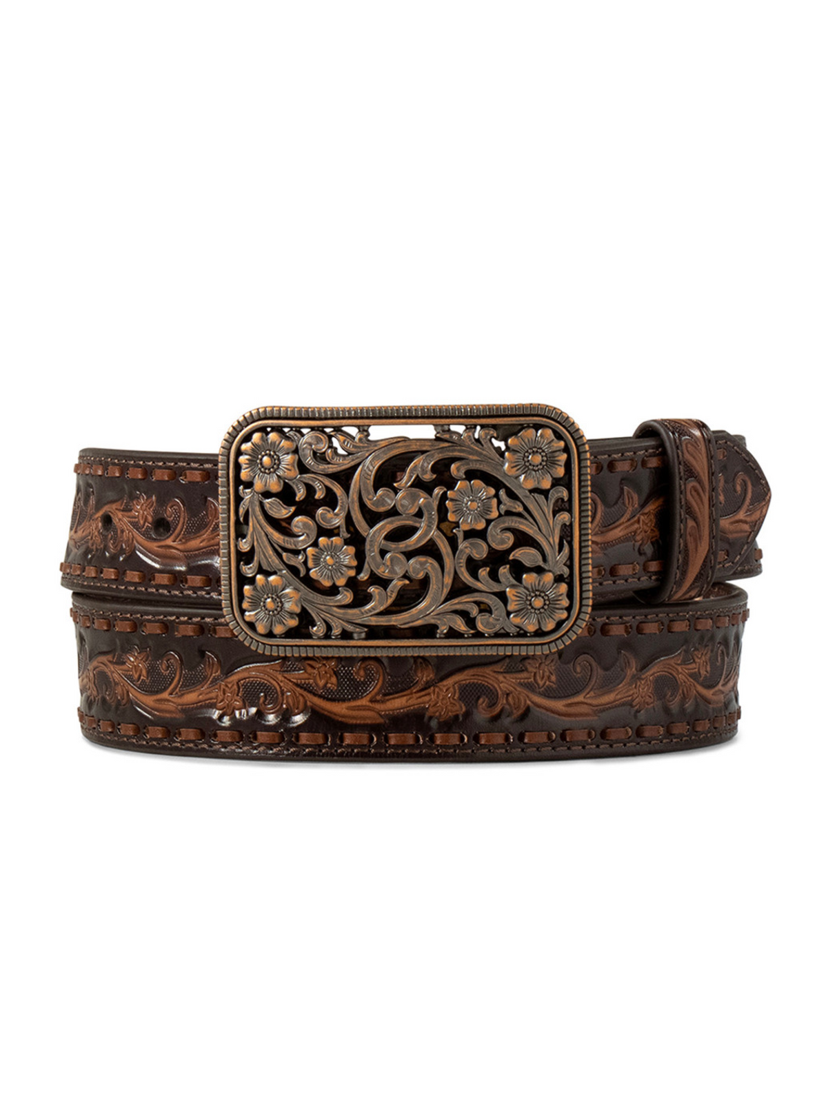 Ceinture Florale embossée chocolat avec lacet - Femme