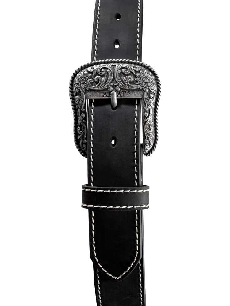Black leather Western belt with reinforced stitching - Women