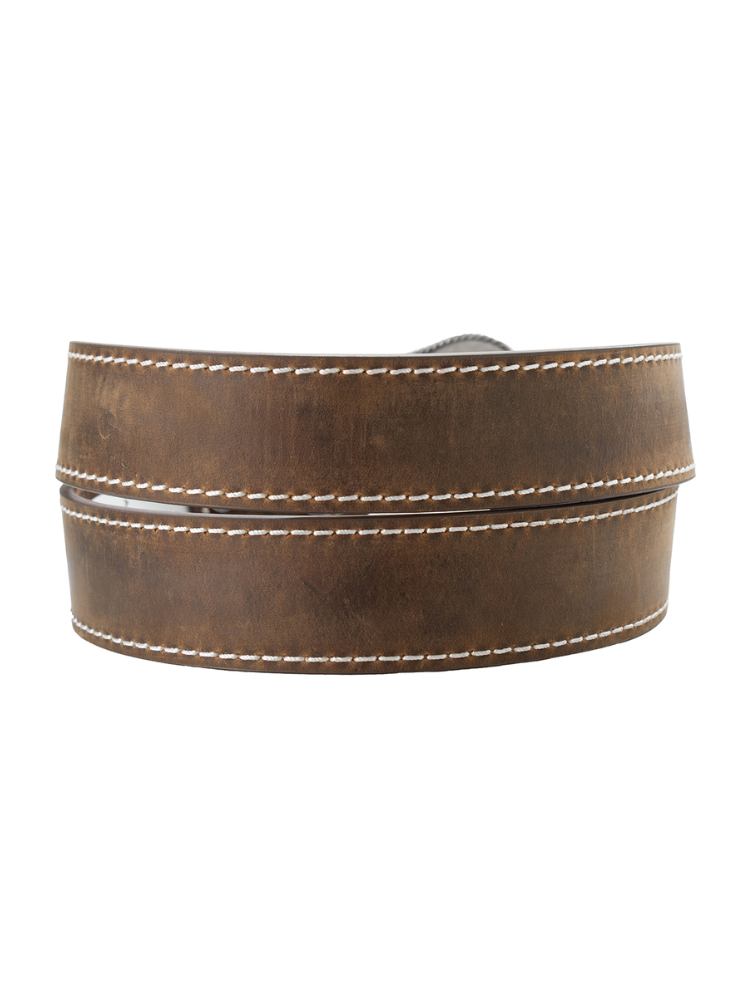 Ceinture Western en cuir brun avec coutures renforcées - Femme