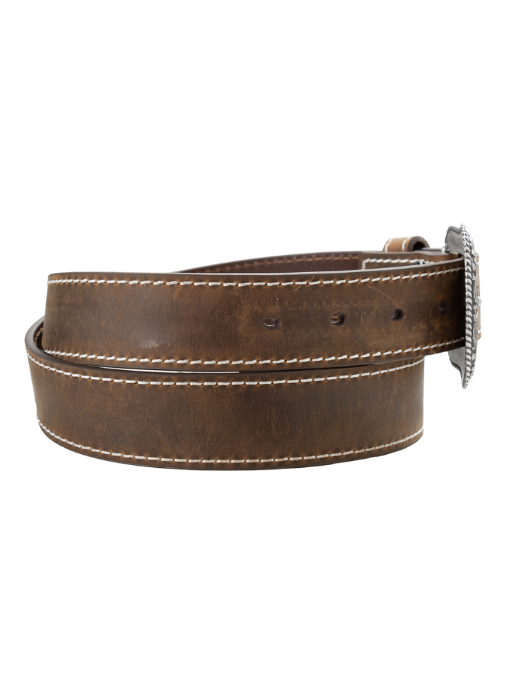 Ceinture Western en cuir brun avec coutures renforcées - Femme