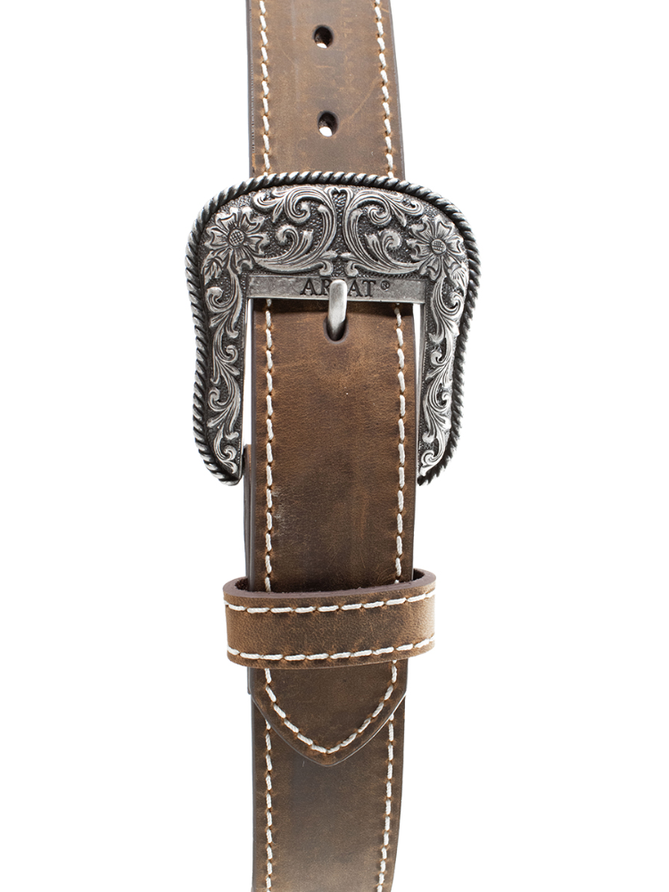 Ceinture Western en cuir brun avec coutures renforcées - Femme