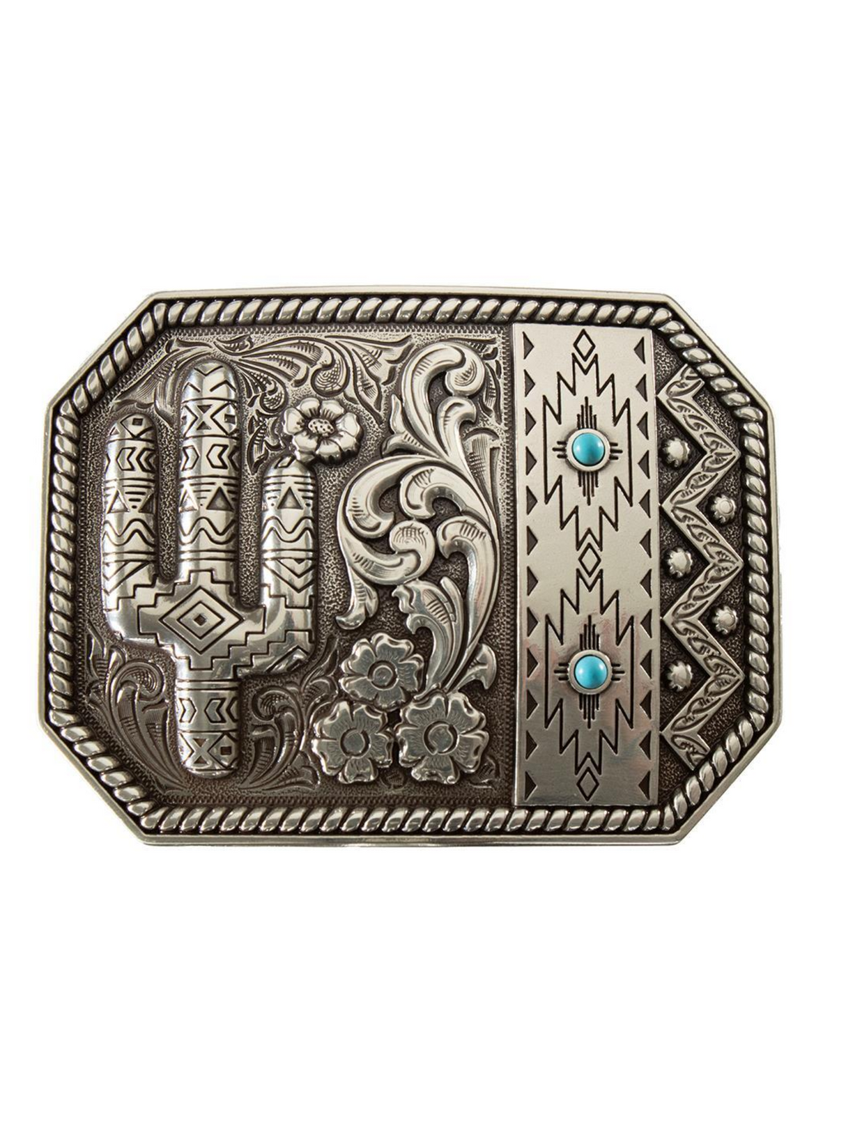 Antique Silver Floral and Cactus Engraved Belt Buckle
