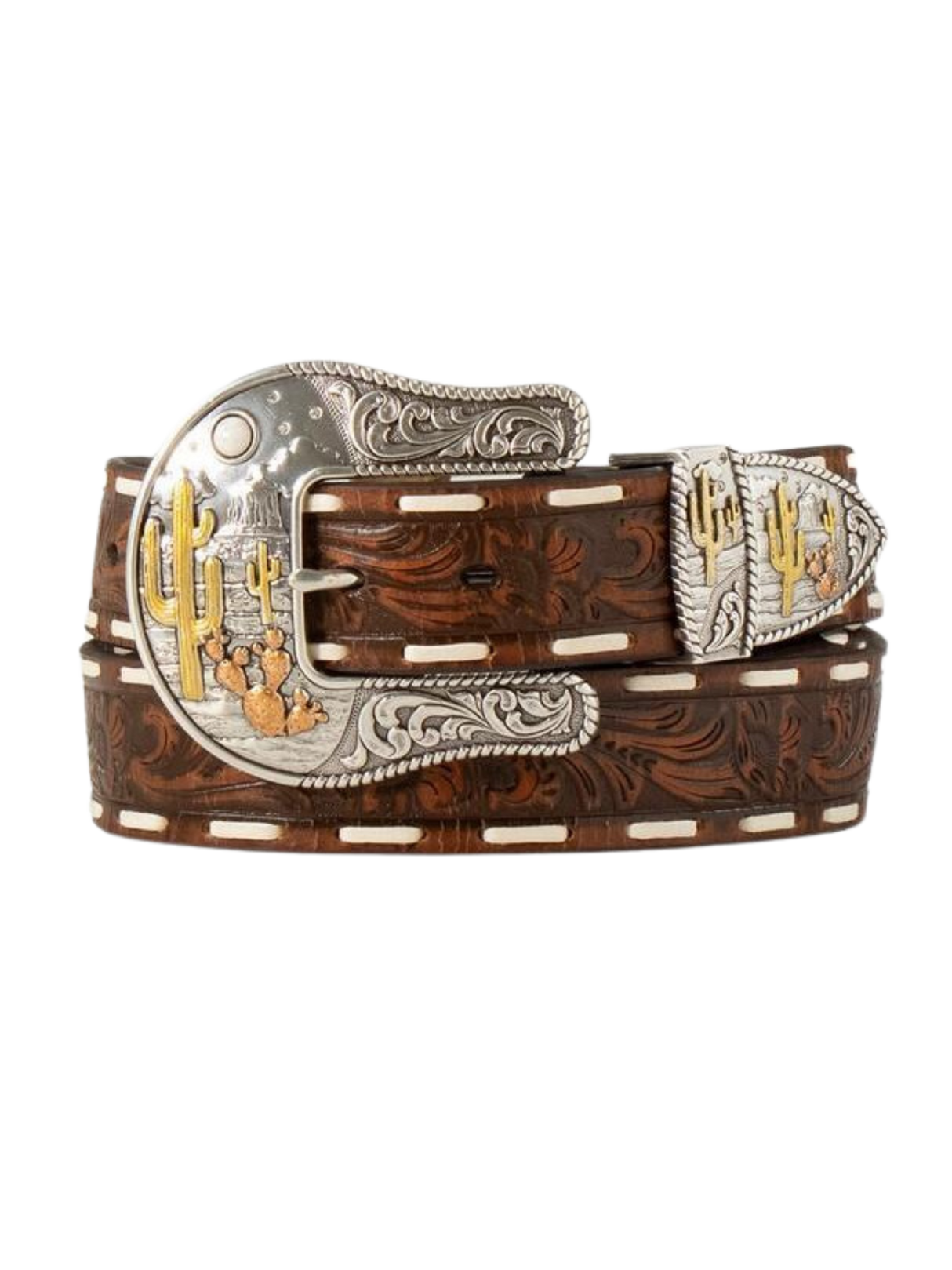 Women's Embossed Floral Belt with Desert Brown Buckle