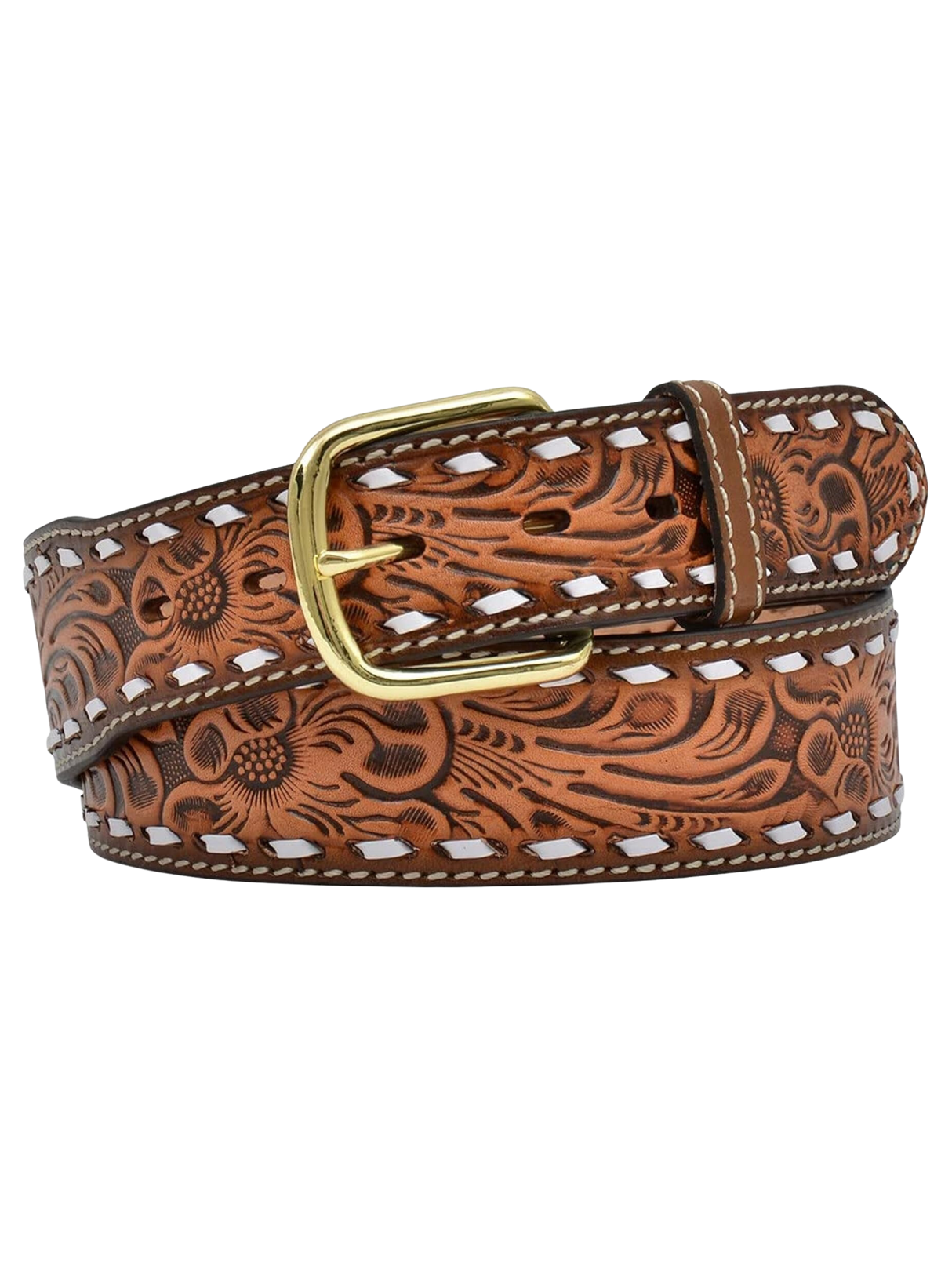 Ceinture en Cuir Floral Embossé avec Boucle en Laiton