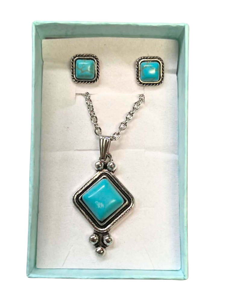 Square Turquoise Stone Necklace & Earrings