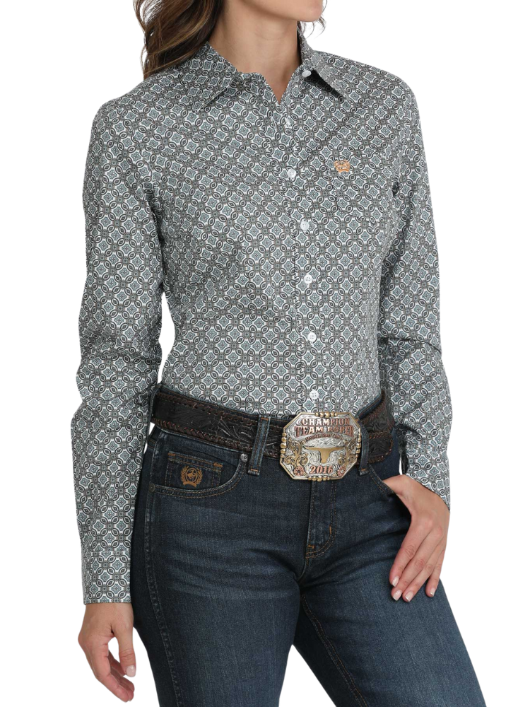 Women's Blue and White Medallion Print Western Shirt
