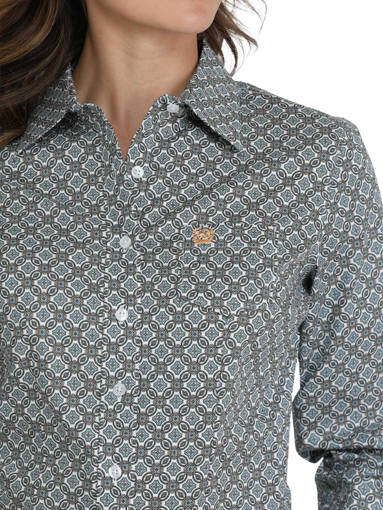Women's Blue and White Medallion Print Western Shirt