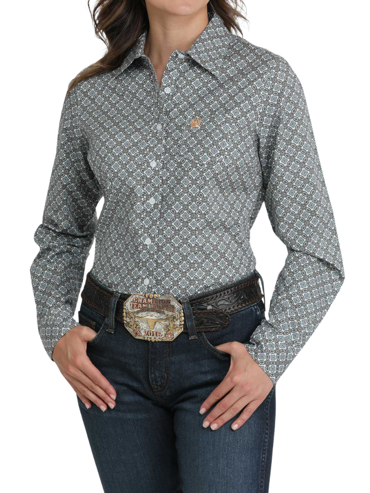 Women's Blue and White Medallion Print Western Shirt