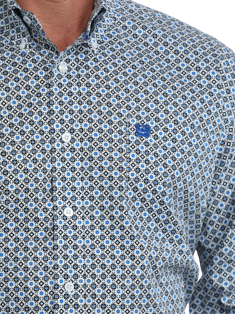 Chemise Western Geo Print Blanc Bleu - Homme