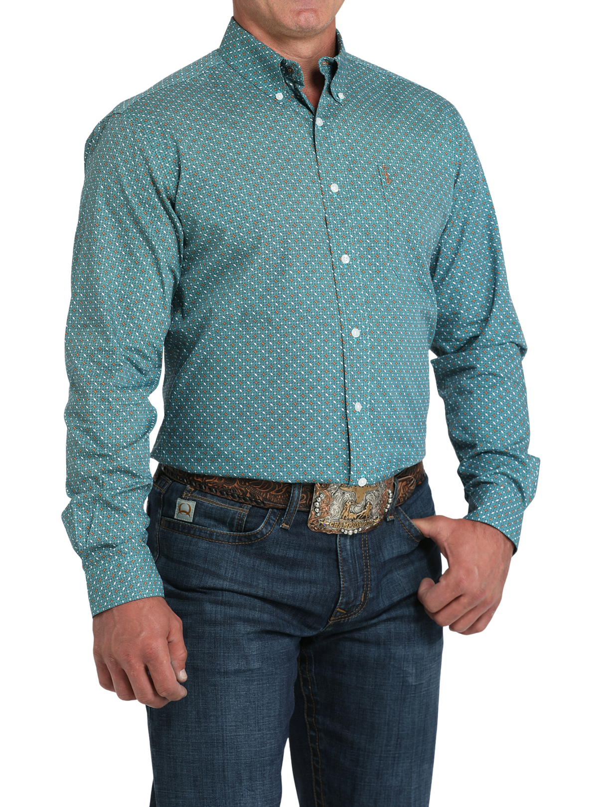 Chemise Western Géométrique Turquoise et Orange - Homme