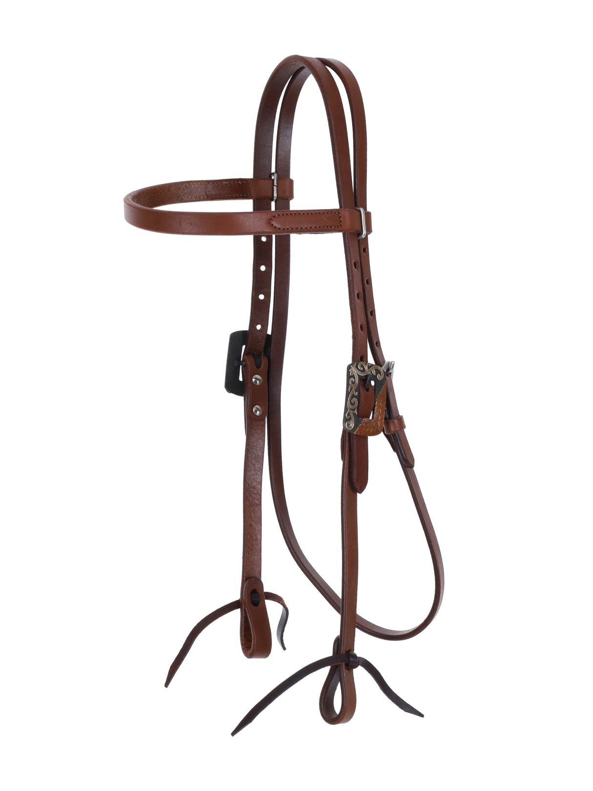 Western bridle with browband and engraved copper and silver square buckles