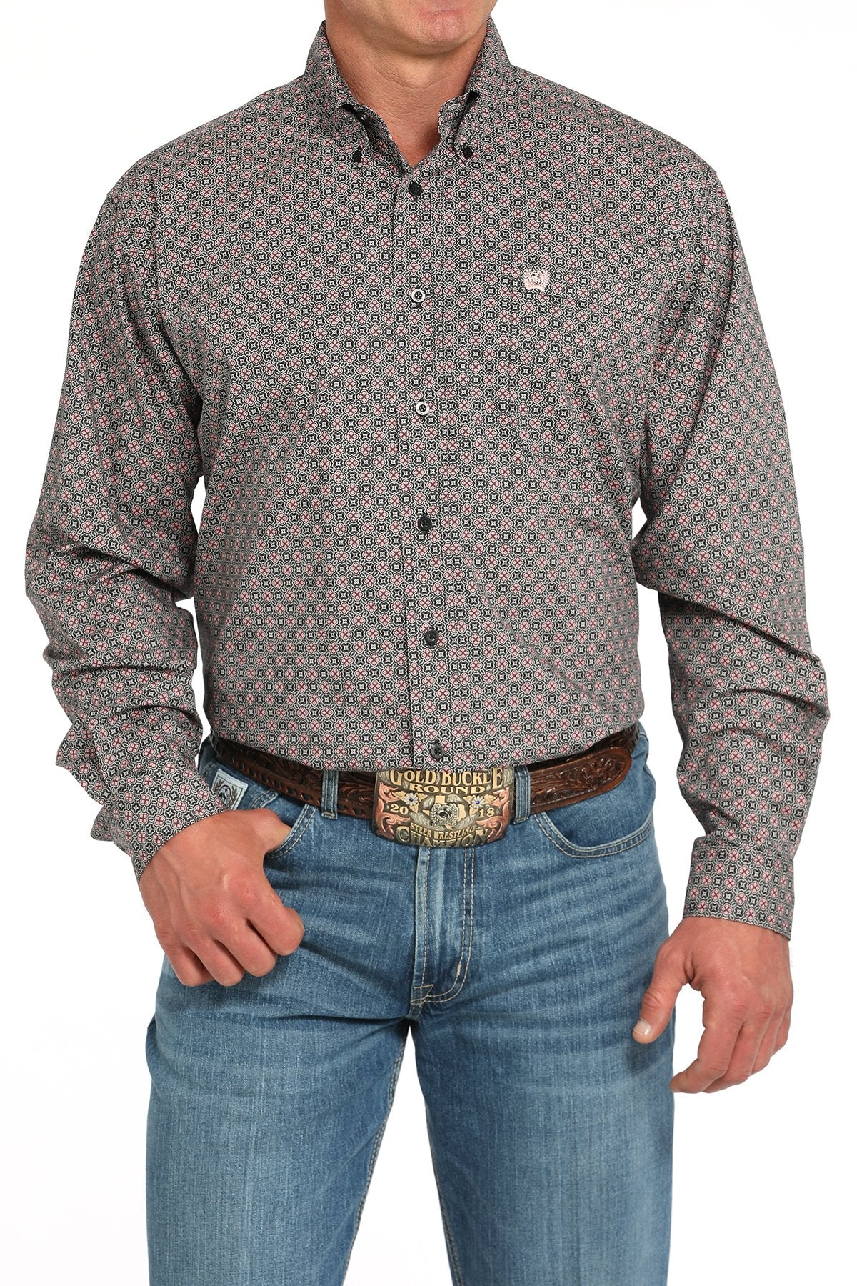Men's Grey Medallion Stretch Western Shirt