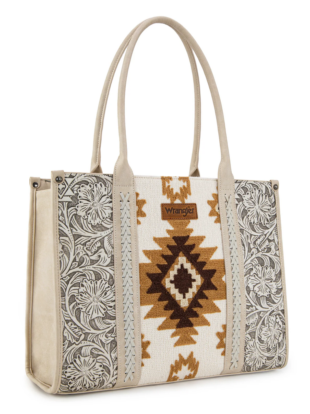 Large Aztec Pattern and Engraved Leather Tote Bag