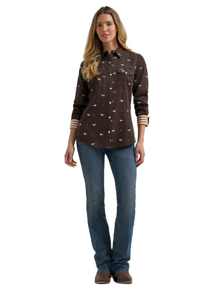 Chemise Western Brune Chevaux - Femme
