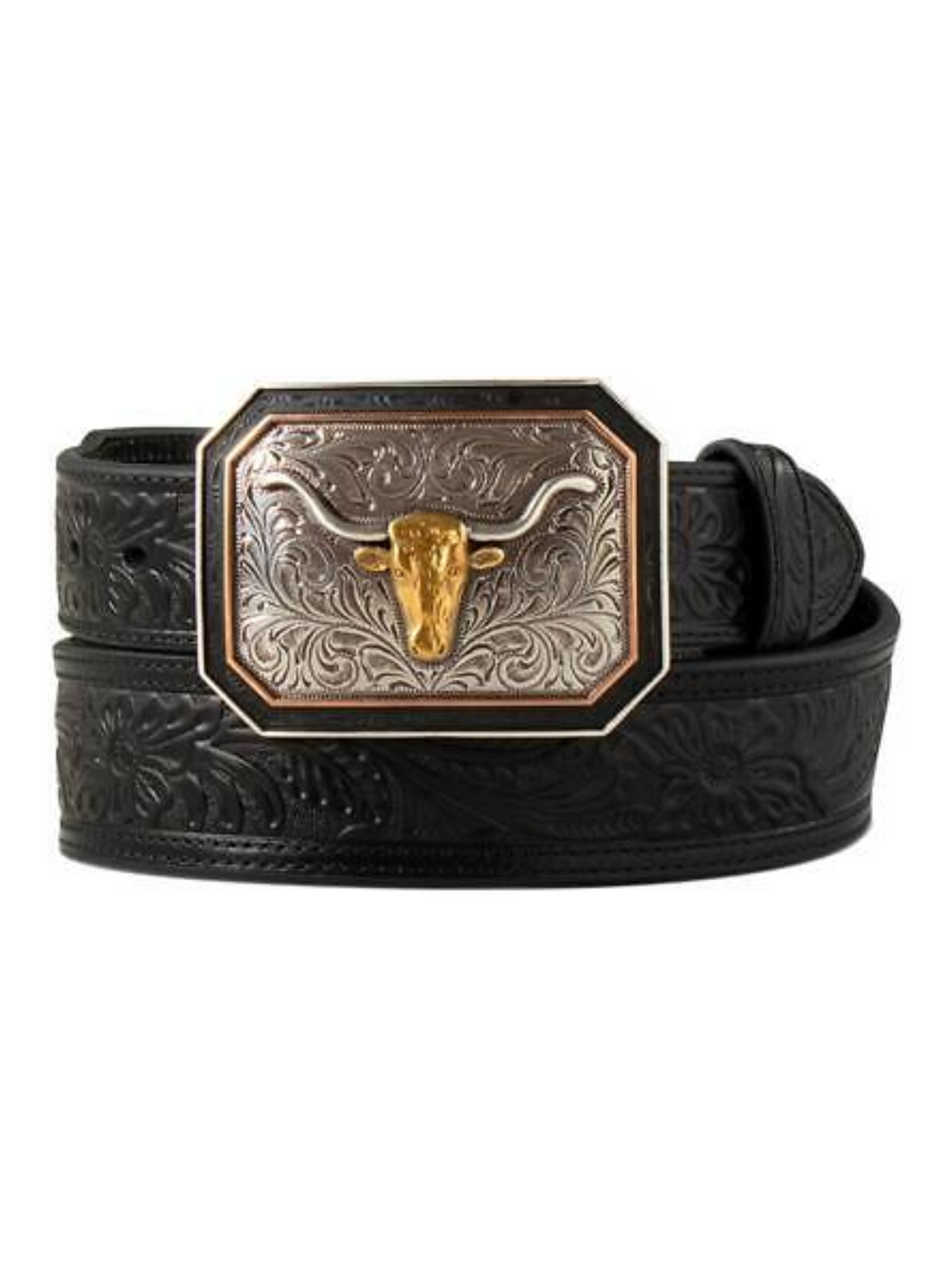 Ceinture de cuir Noire avec boucle longhorn - Homme