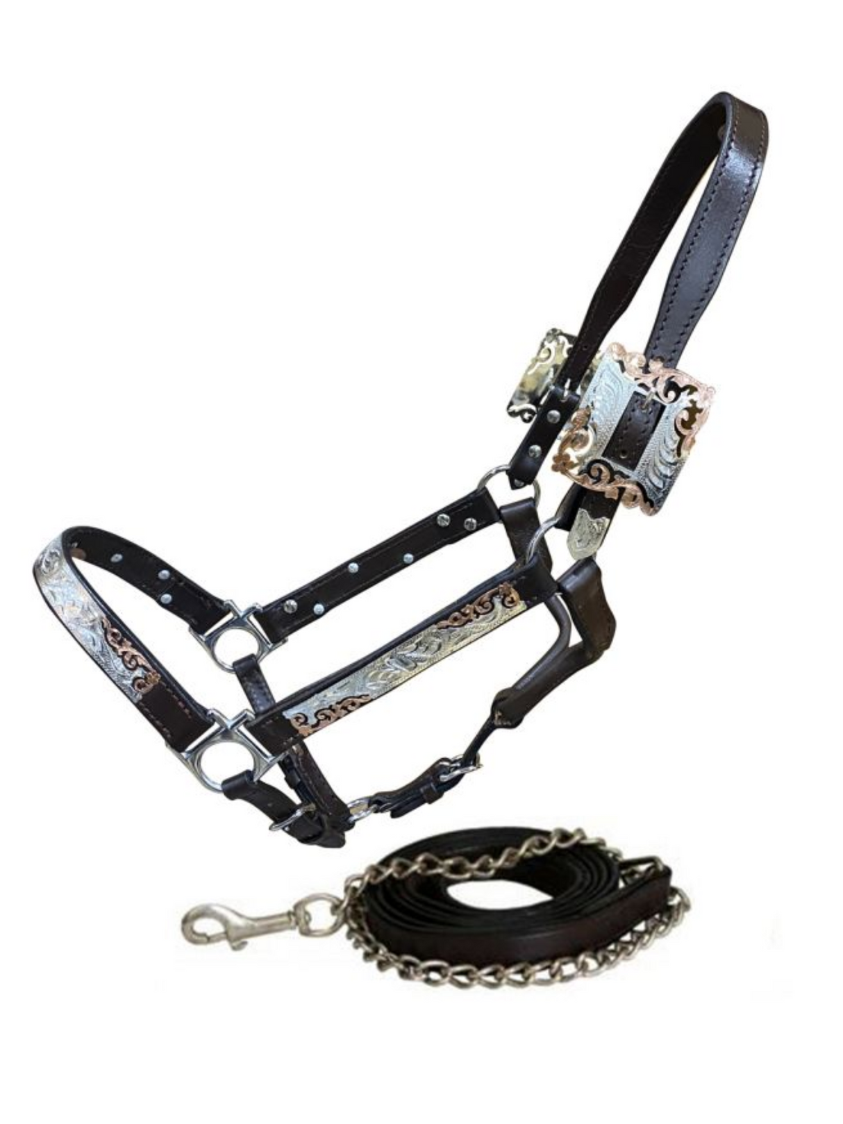 Dark Oil Leather Show Halter with Silver Bar and Gold Accents