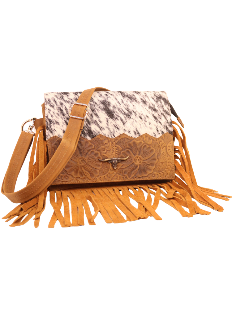 Sac à main en cuir floral et poils Moyen
