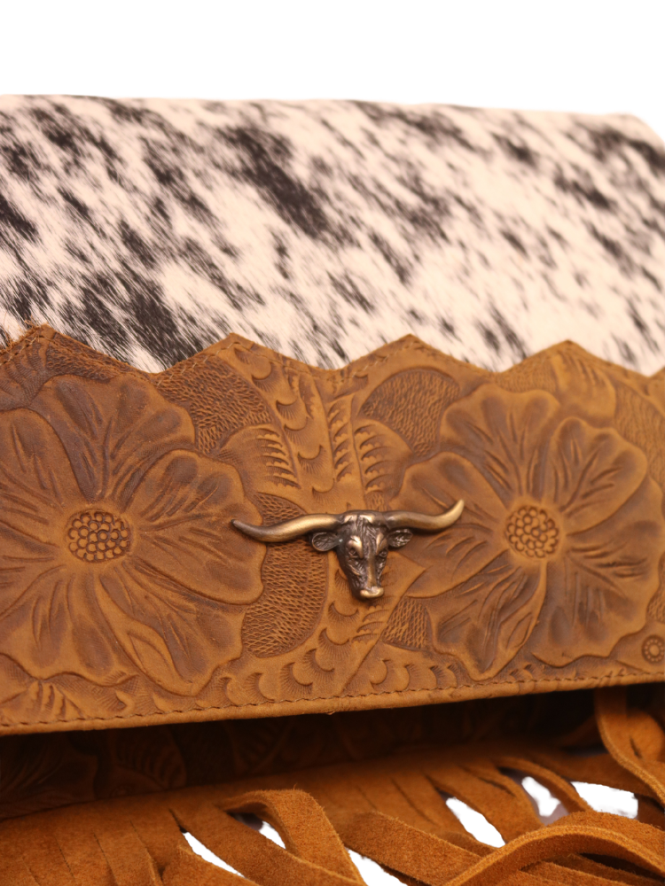 Sac à main en cuir floral et poils Moyen