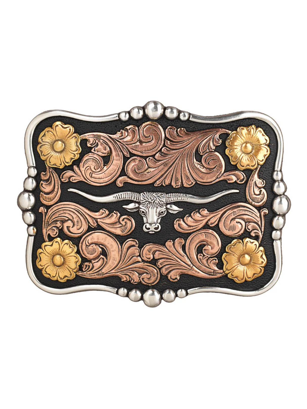 Longhorn belt buckle and floral details