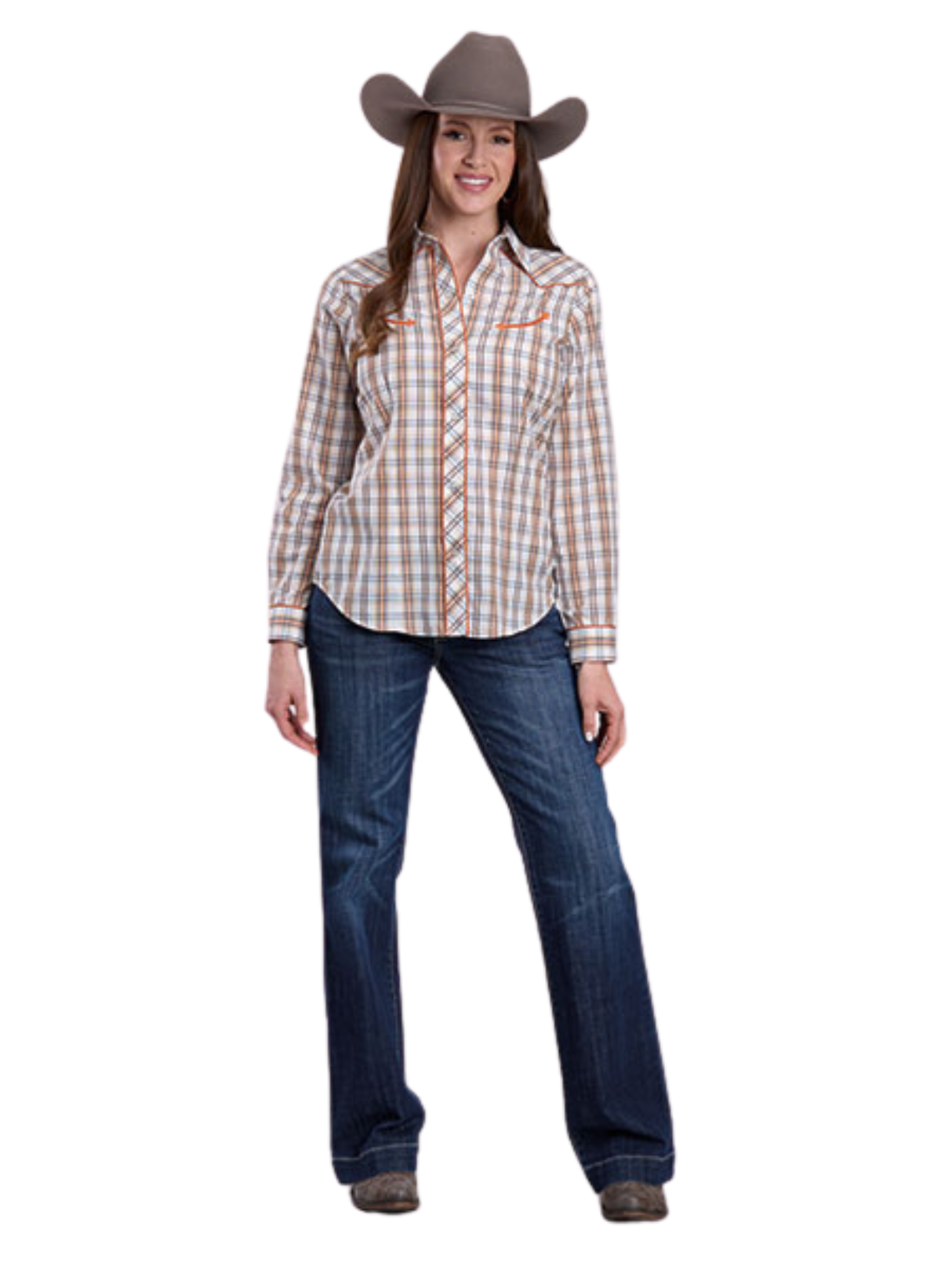 Cream/Orange Plaid Western Shirt - Women's