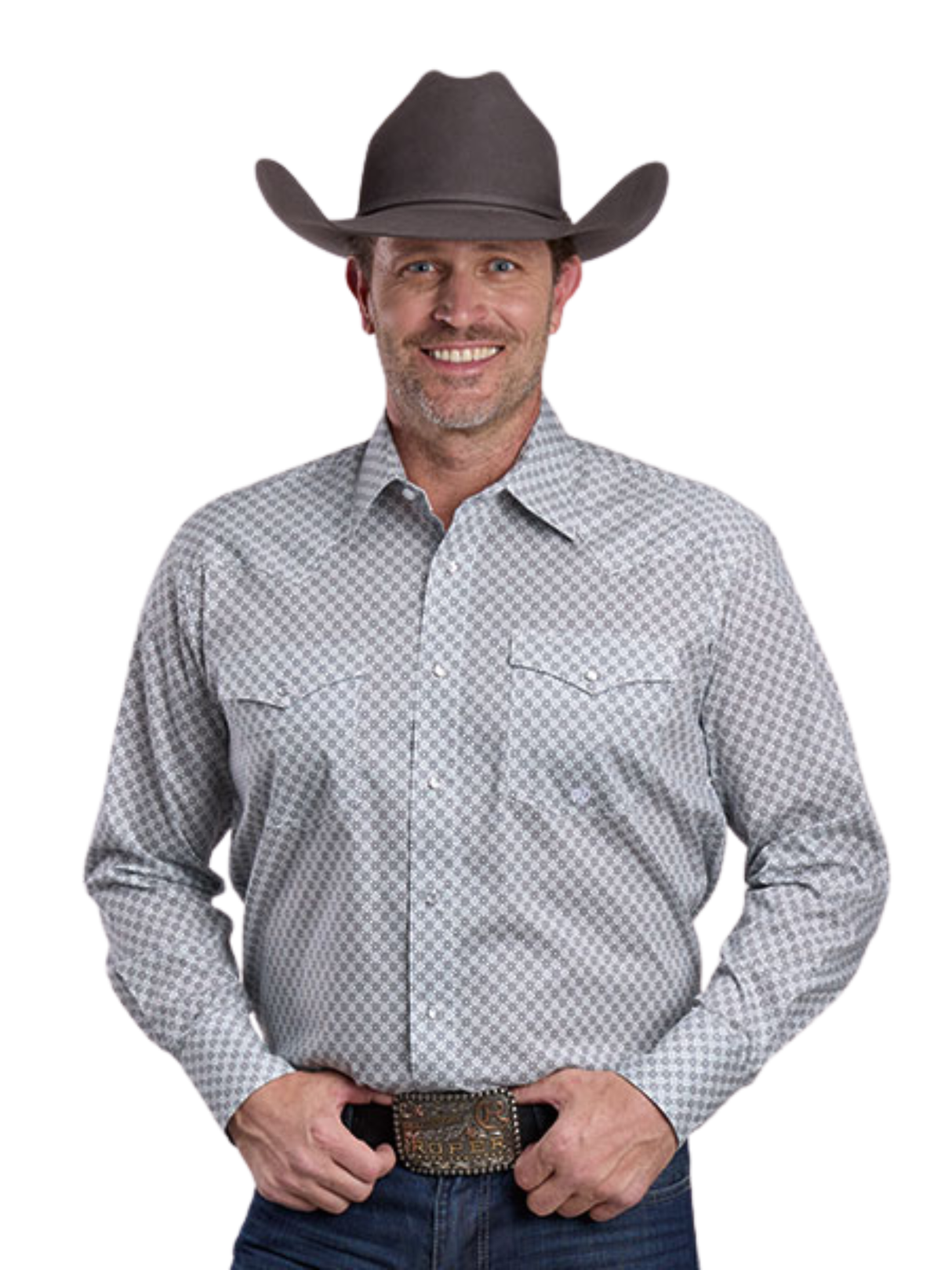 Amarillo Western Shirt, Stretch Collection, Four Point Scarf, Grey - Men's