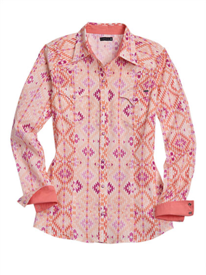 Women's Western Scattered Aztec Print Snap Shirt