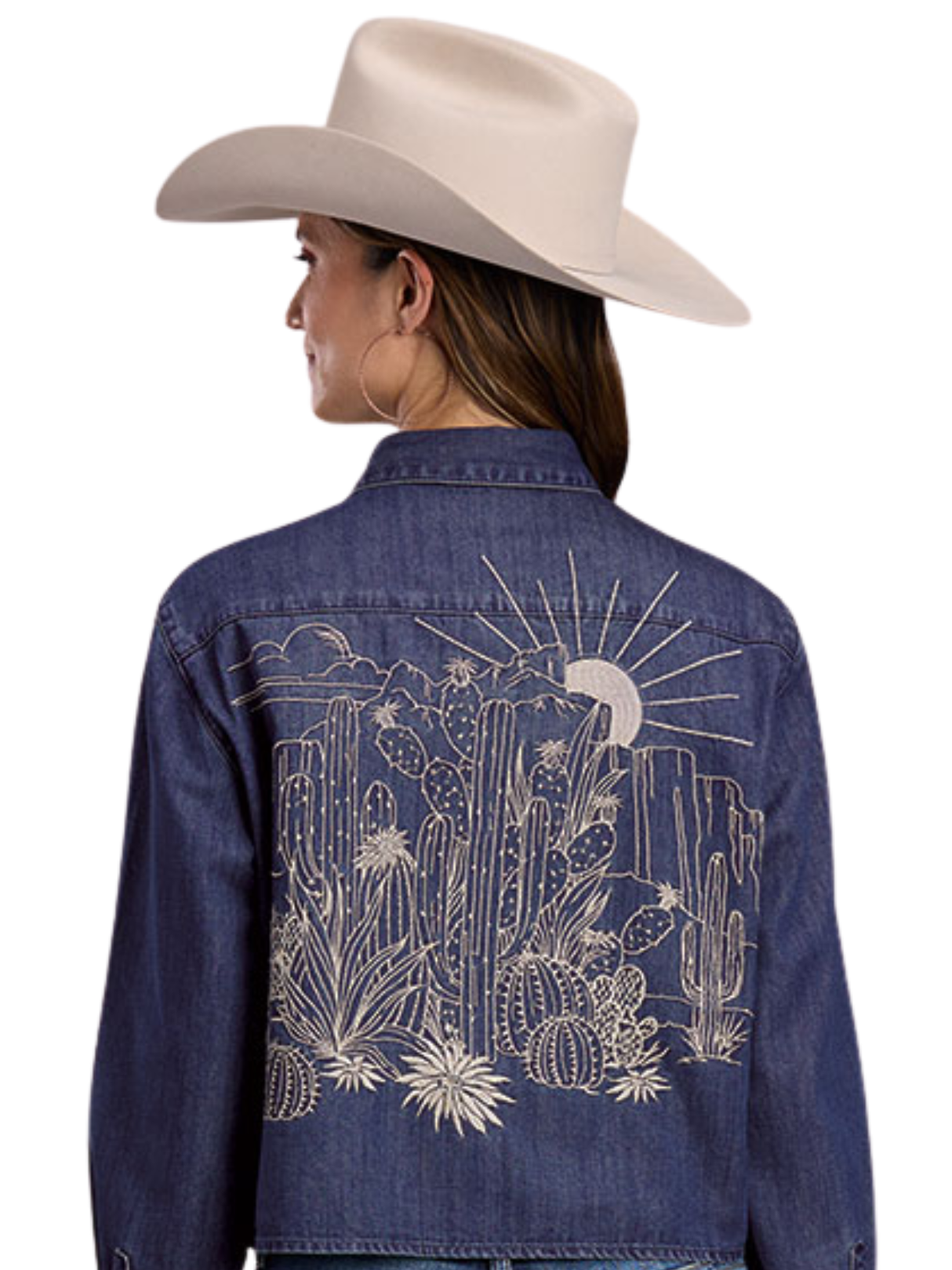 Veste de Denim Crop Top Brodé Desert au dos - Femme