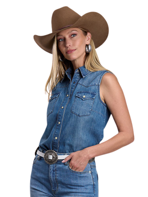 Embroidered Denim Sleeveless Shirt - Women
