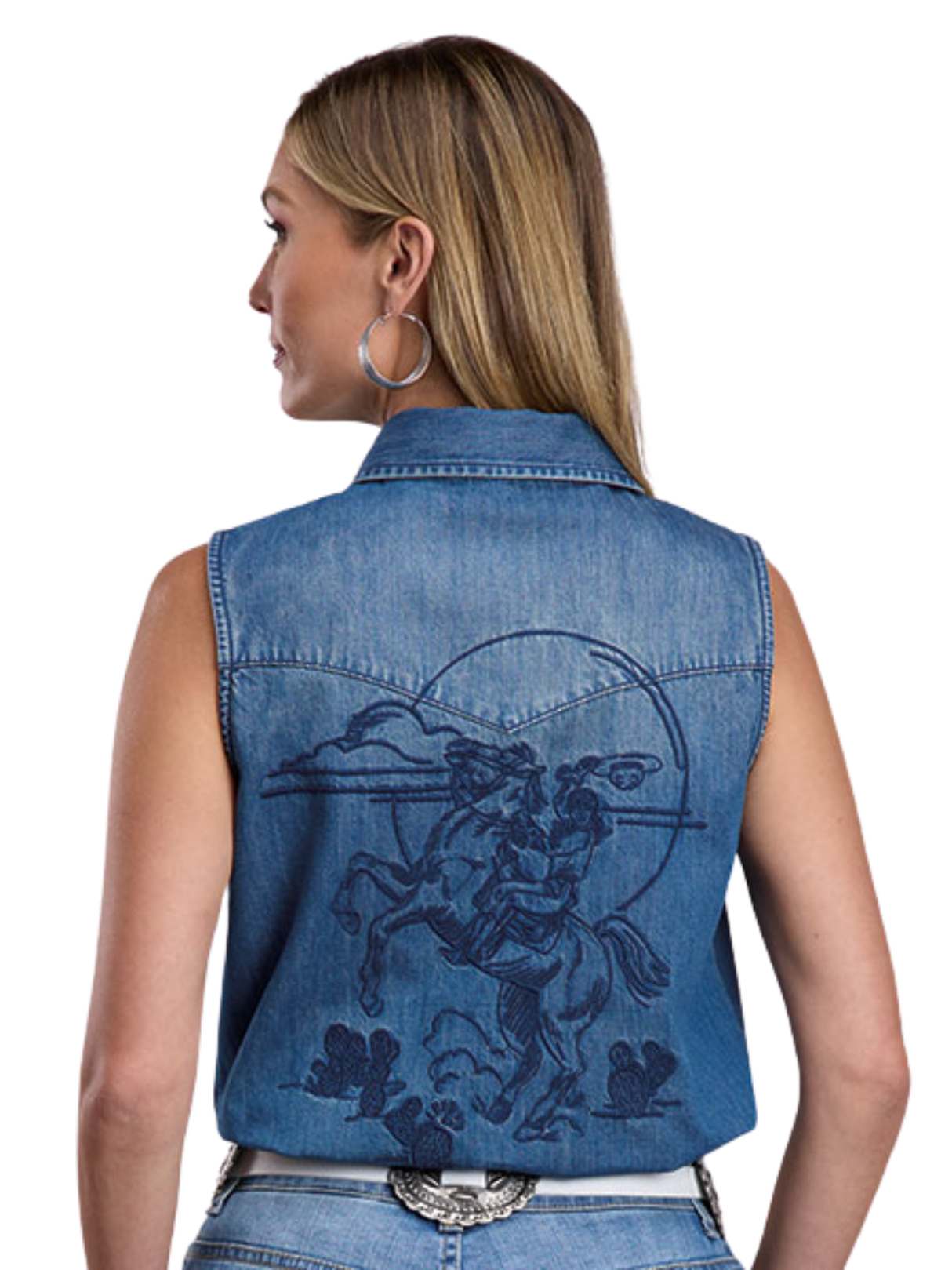 Embroidered Denim Sleeveless Shirt - Women