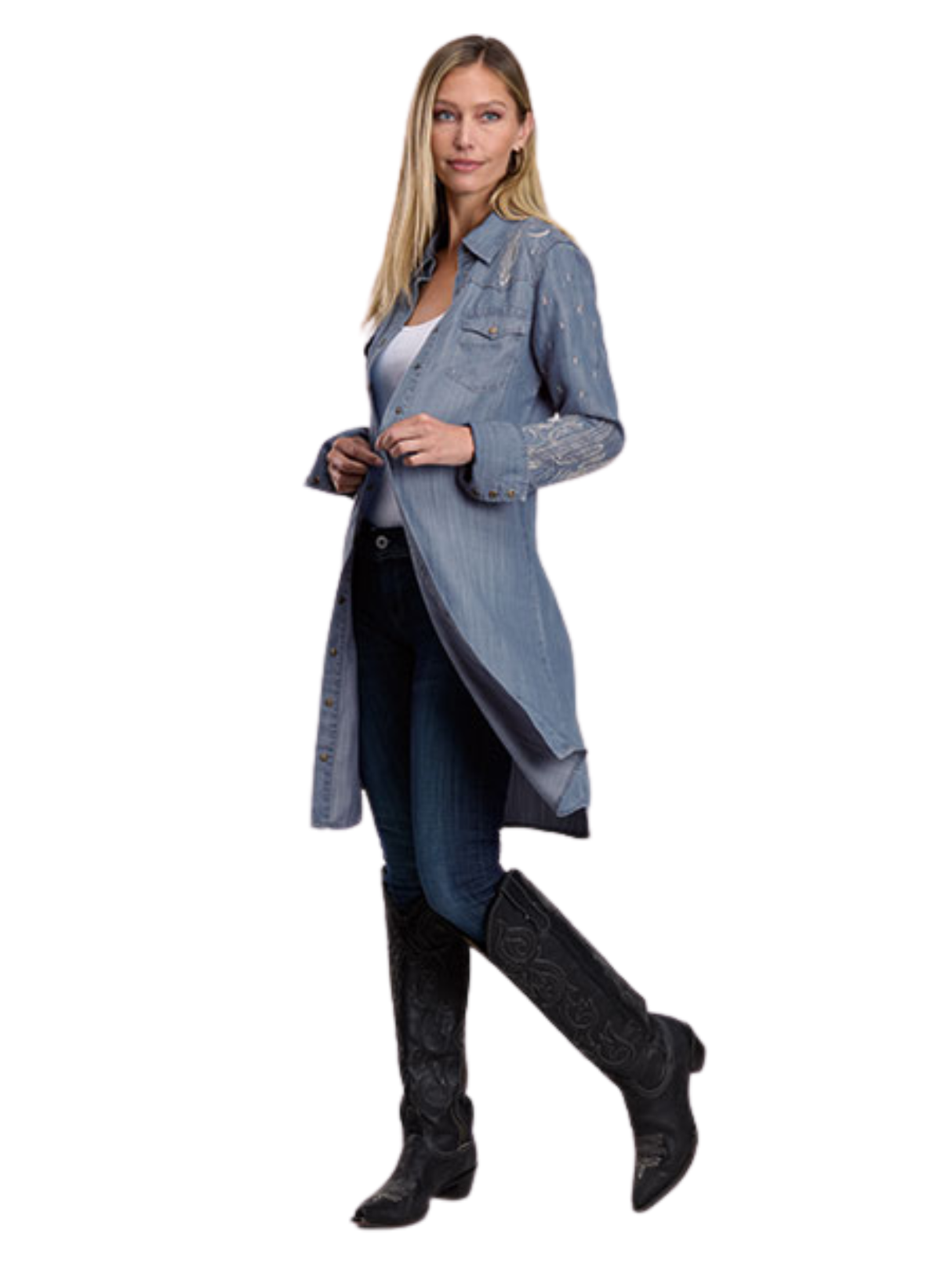 Robe de denim à boutons brodée - Femme
