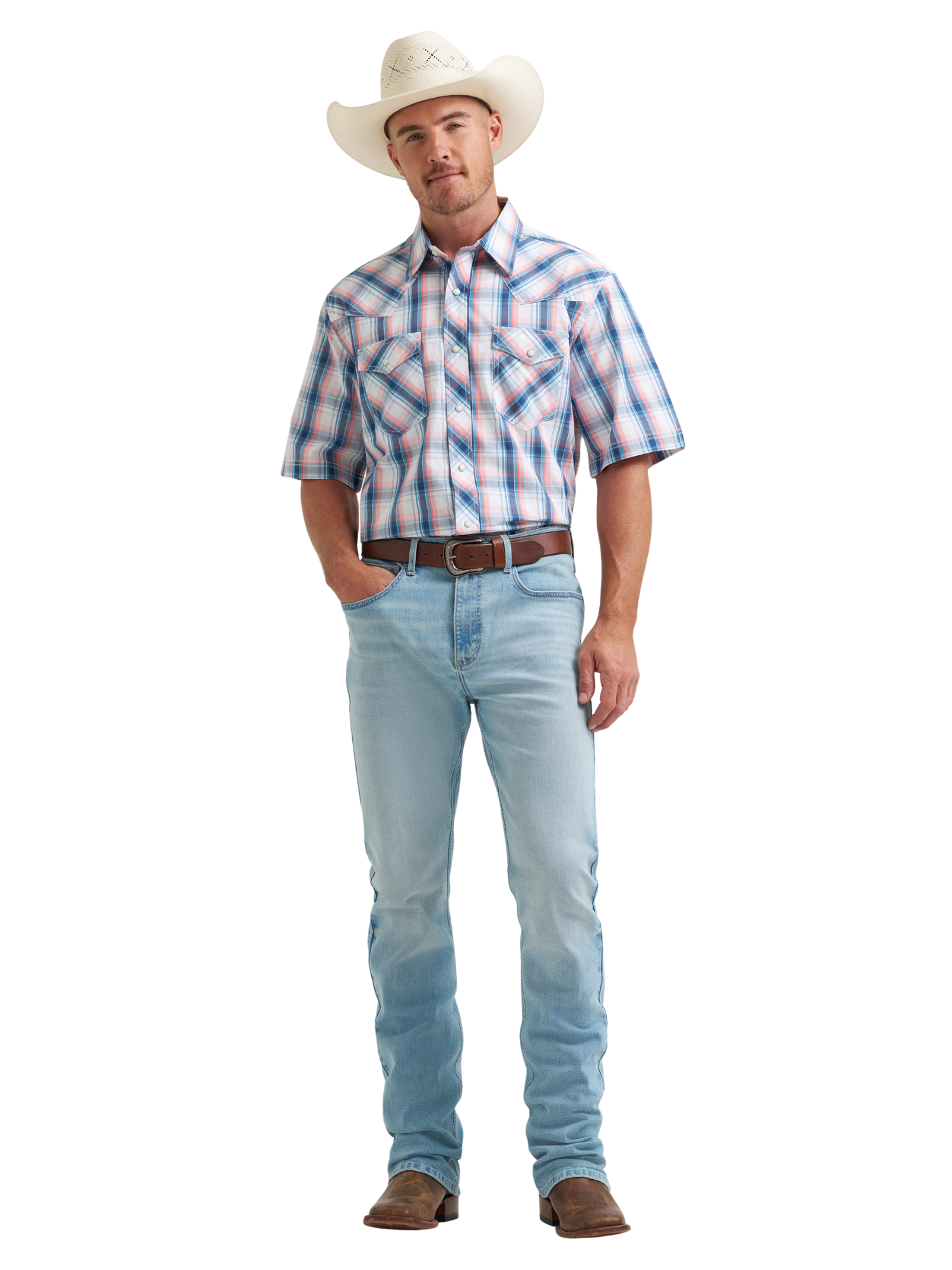 Chemise Western carreauté Blue à manches courtes - Homme