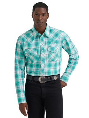 Chemise Western Carreauté Turquoise - Homme