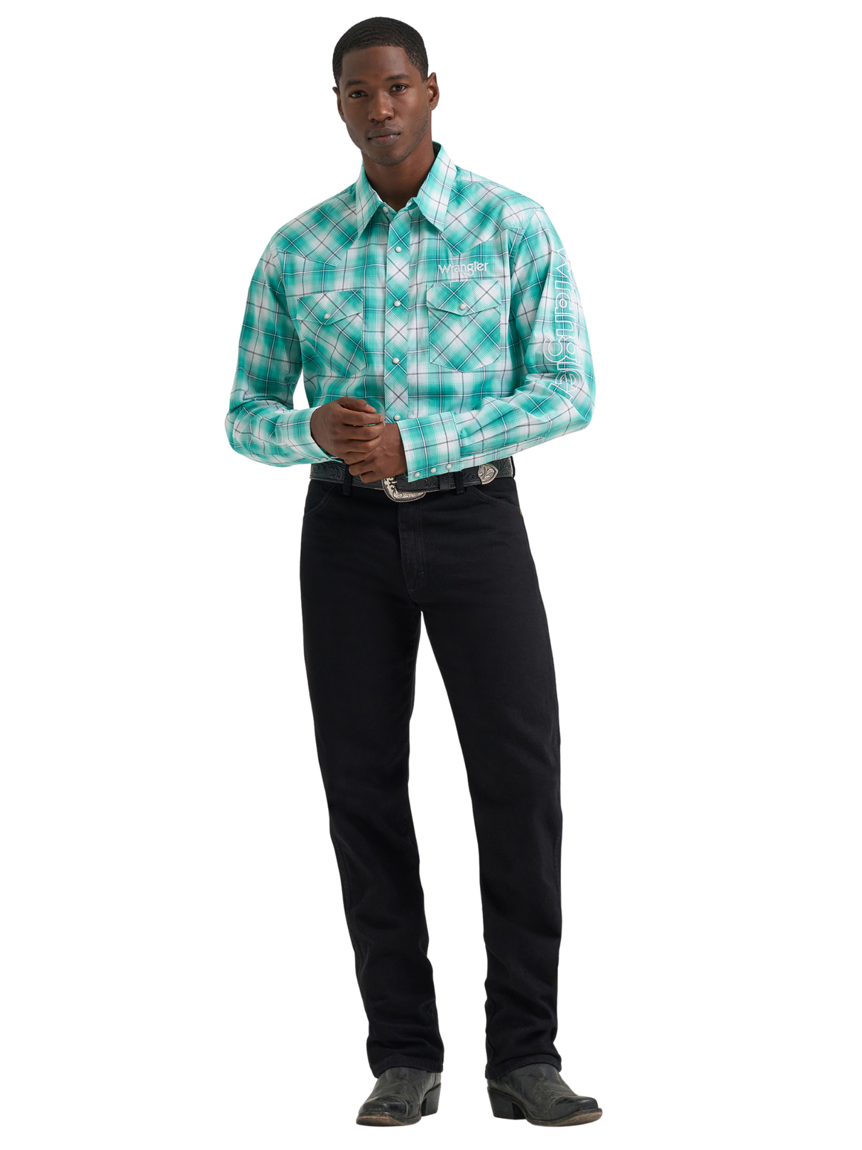 Chemise Western Carreauté Turquoise - Homme