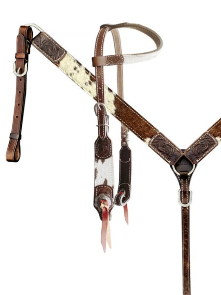 Ensemble de bride à oreille & bricole western cowhide brun et blanc