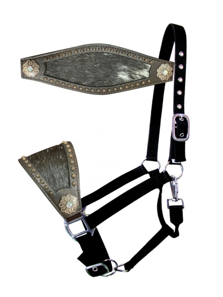 Licou Bronc en nylon noir avec nez en cuir et poil