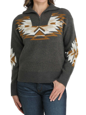 Pull “Aztec” à Col Montant à Demi‑zip charcoal Aztec - Femme