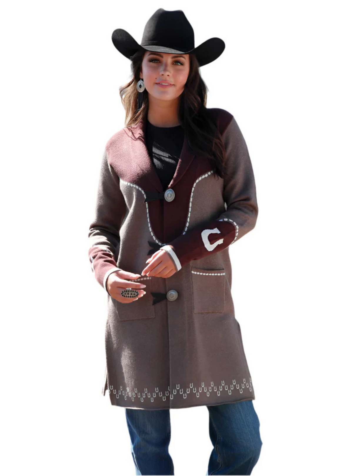 Manteau Duster Style Western Gris et Brun- Femme
