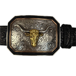 Ceinture de cuir Noire avec boucle longhorn - Homme