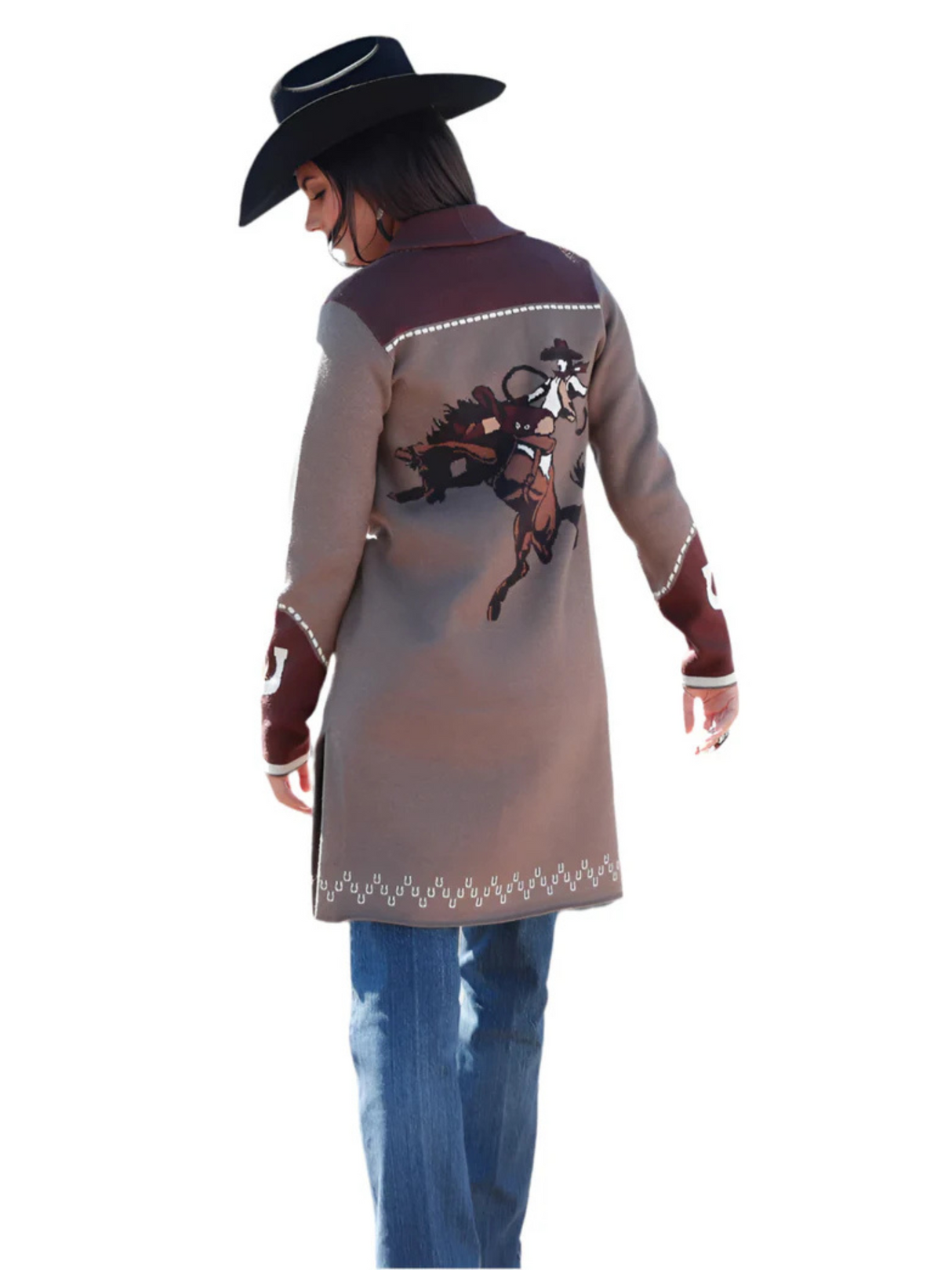 Manteau Duster Style Western Gris et Brun- Femme