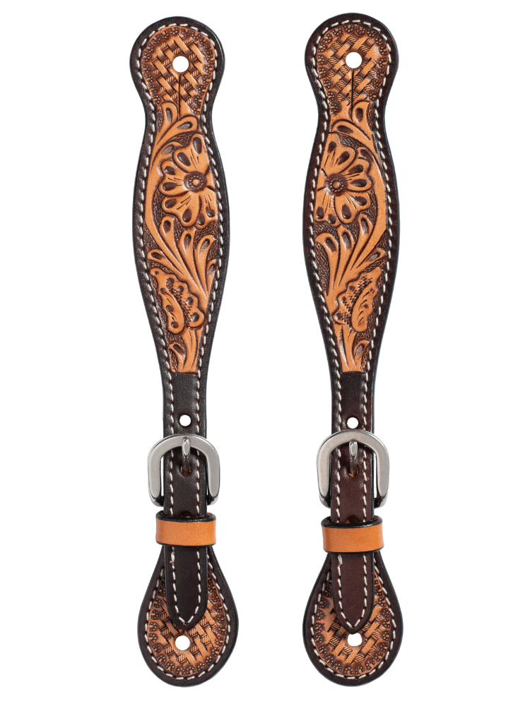 Courroies d’éperons western Turquoise Cross Floral Tooled
