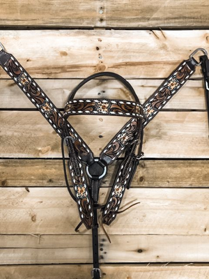 Floral White Buckstitch Front Bridle and Twill Set